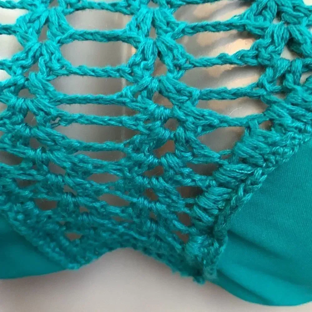 Designer crochet teal sea blue Swimsuit Top Bra Swimwear XS